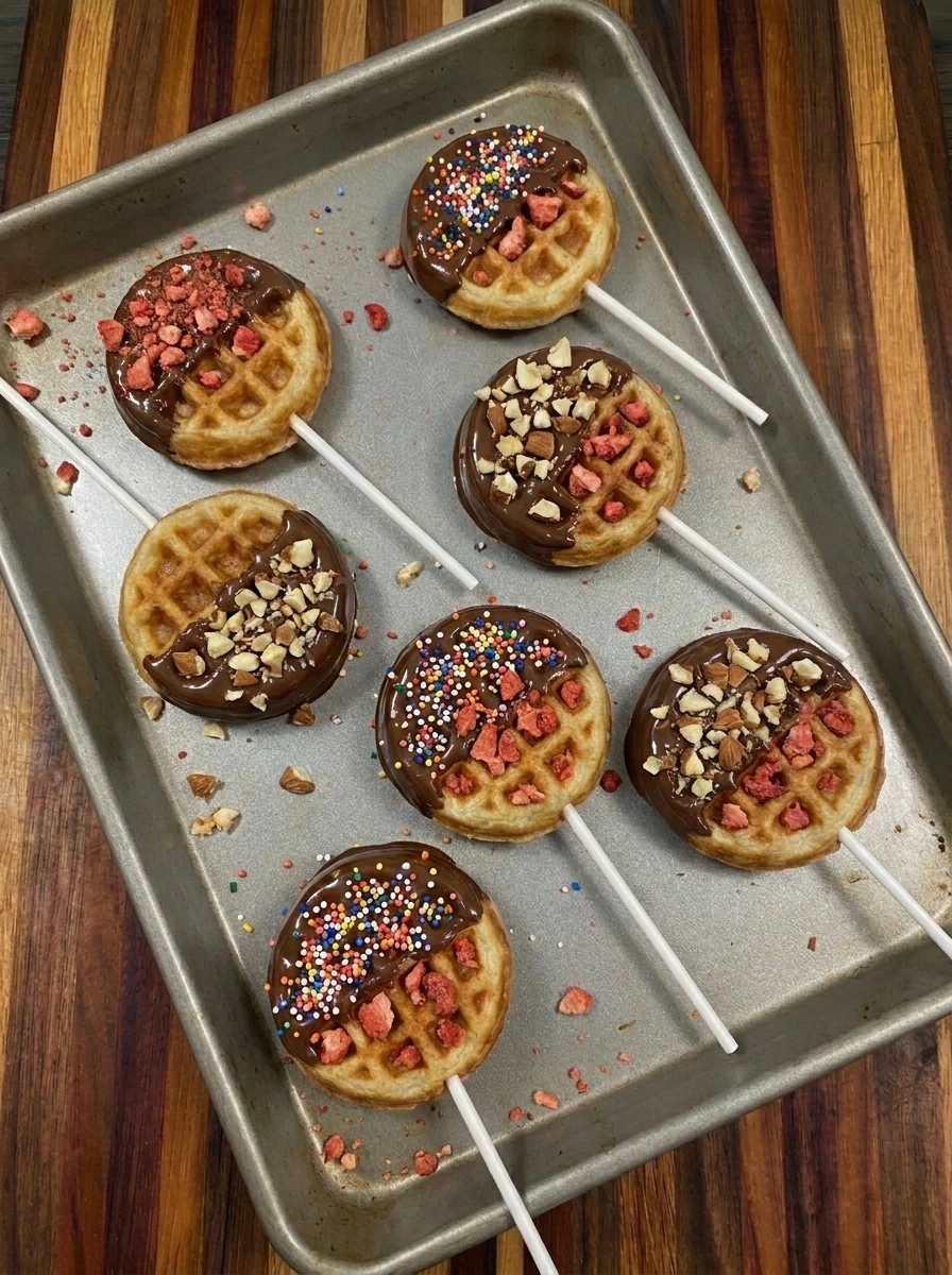 Chocolate dipped waffle pops covered with colorful toppings