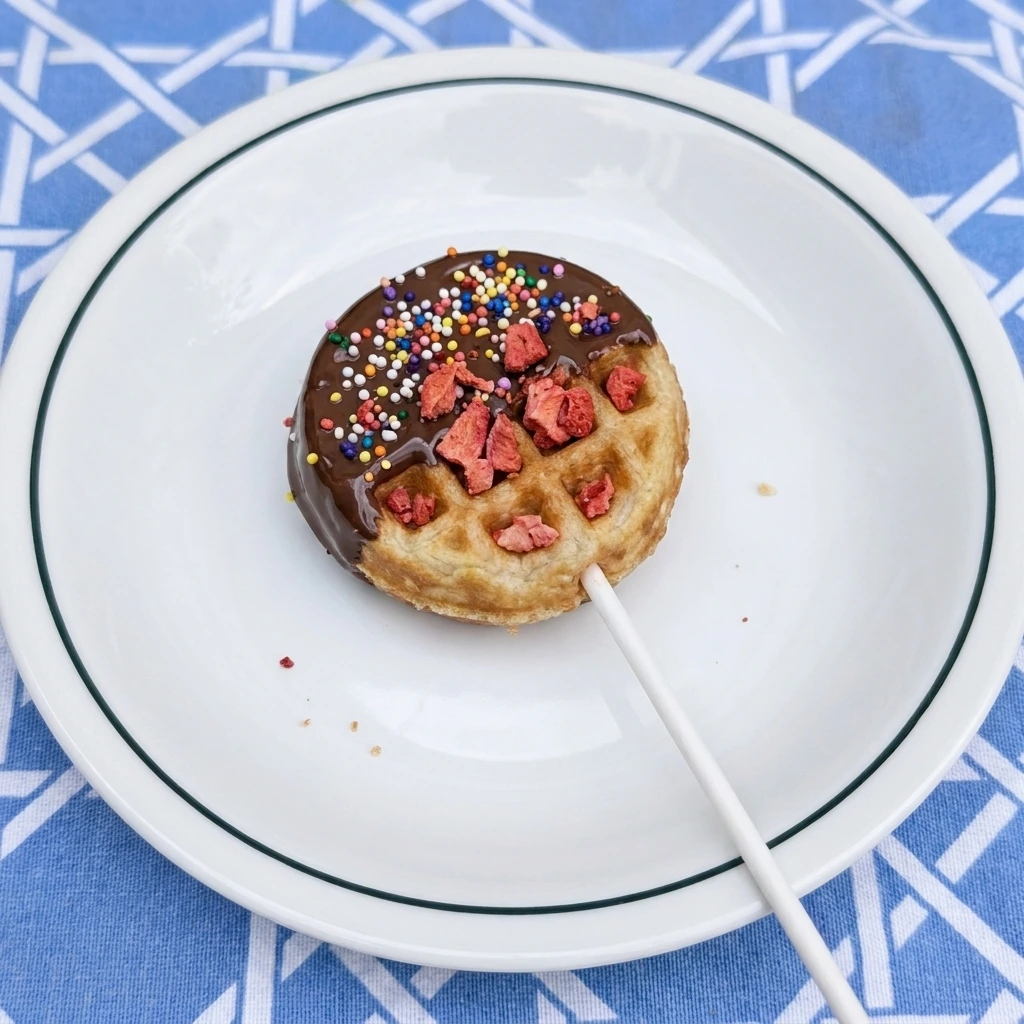 Single finished Chocolate Covered Waffle Pop on a white plate