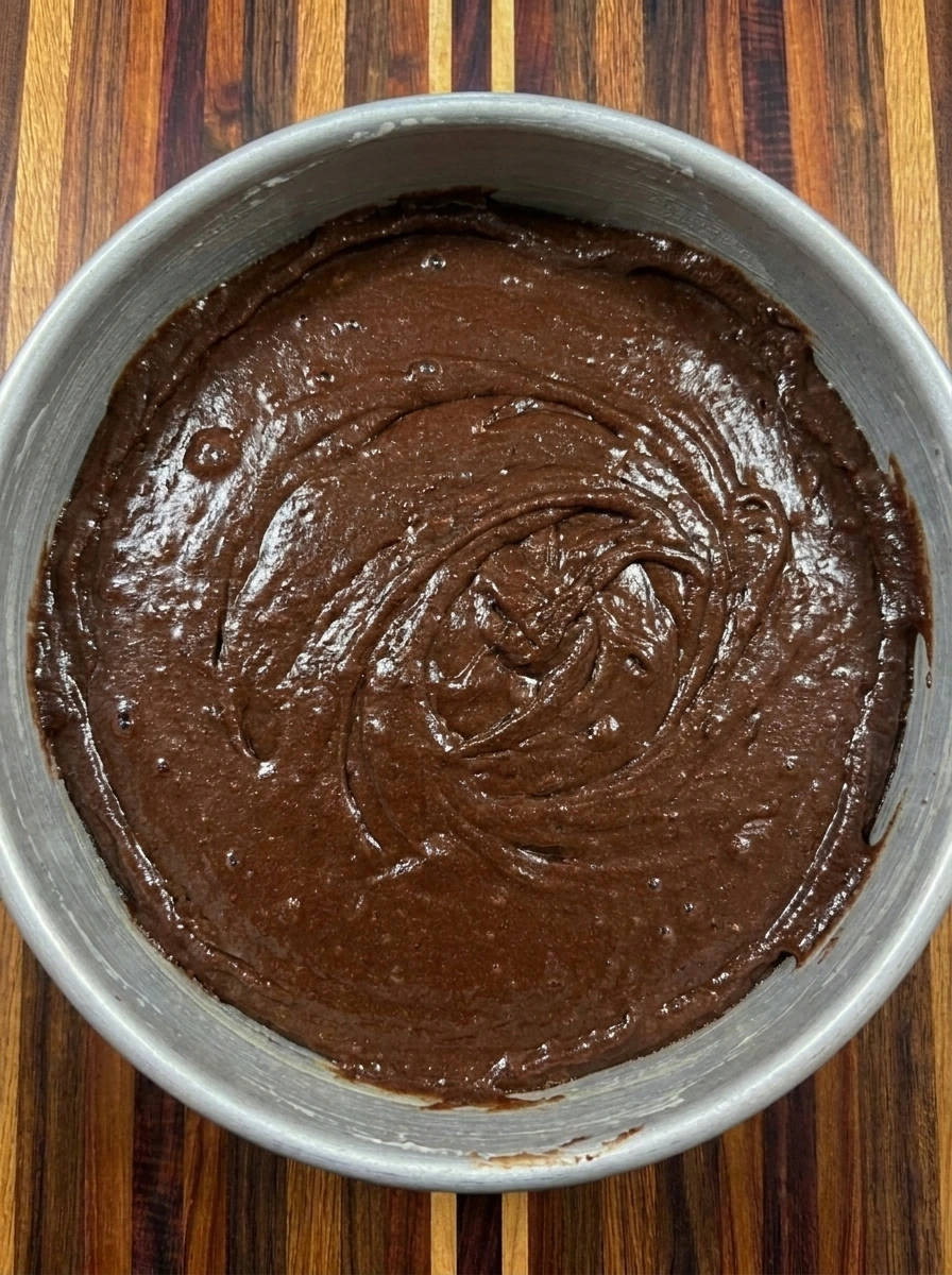 Chocolate batter poured into cake pan for Classic Fudge & Crunch Cake