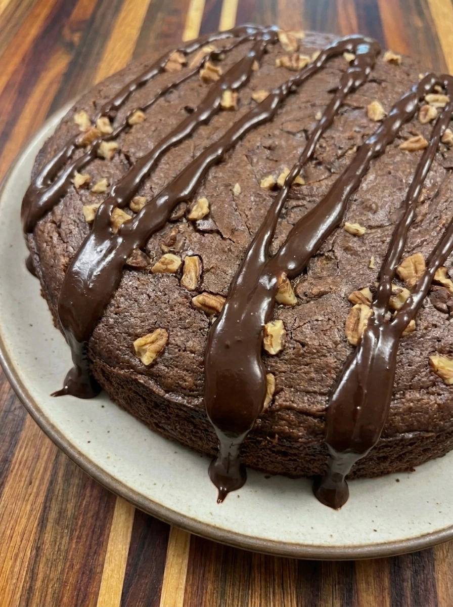 Glossy fudge poured over Classic Fudge & Crunch Cake
