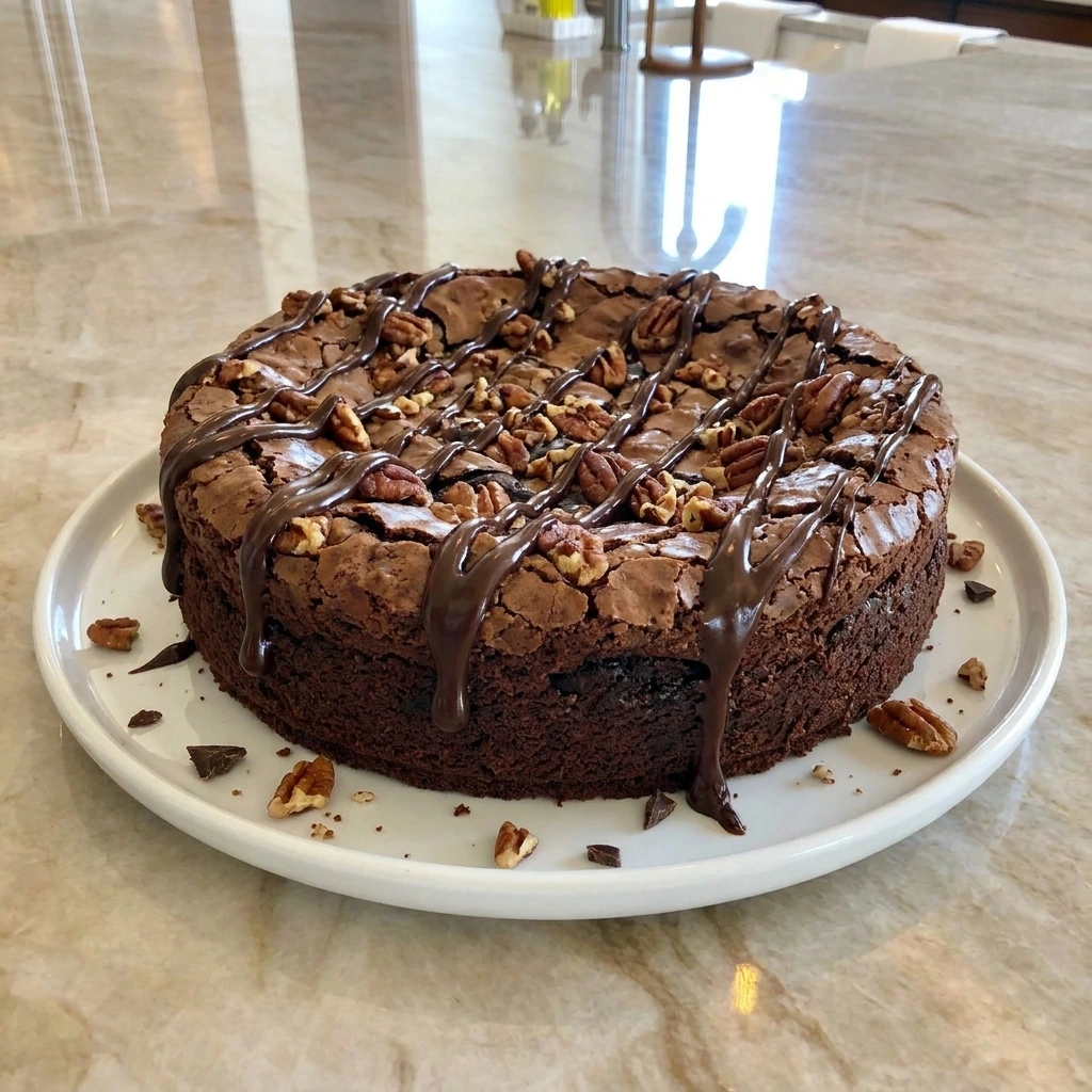 Classic Fudge & Crunch Cake with fudgy chocolate crumb and crunchy pecan topping