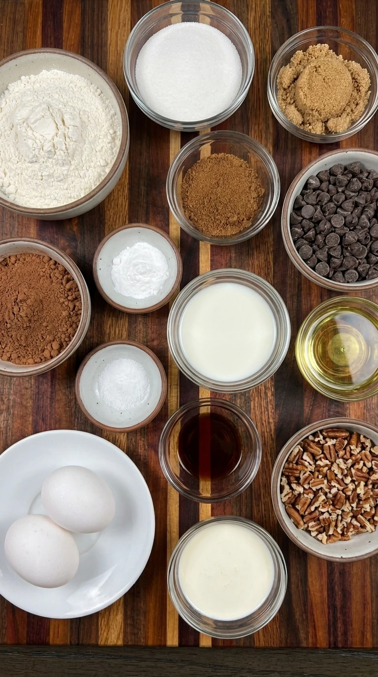 Ingredients for Classic Fudge & Crunch Cake in separate small containers
