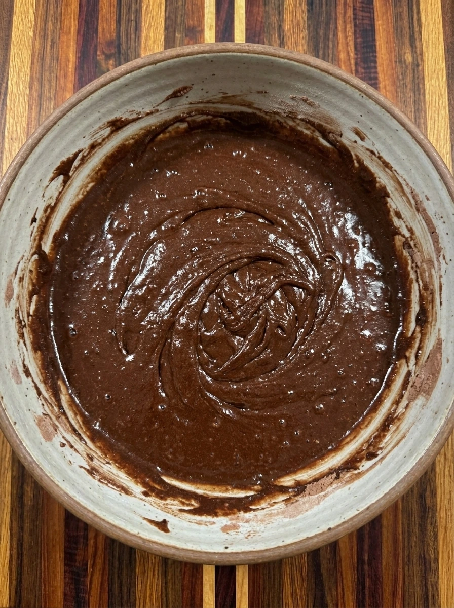 Mixed chocolate batter for Classic Fudge & Crunch Cake