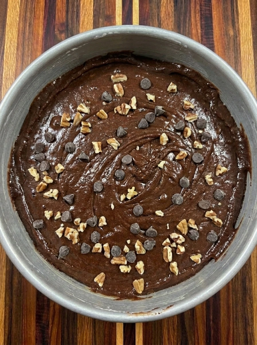 Chocolate chips and pecans scattered over Classic Fudge & Crunch Cake batter