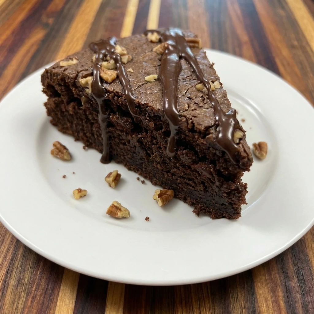 Slice of Classic Fudge & Crunch Cake showing fudgy interior