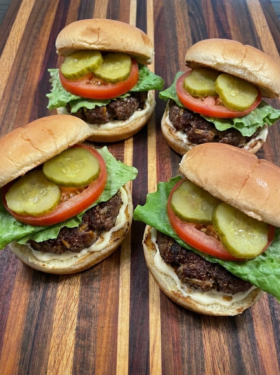 Four assembled Crack Burgers with lettuce and tomato and pickles