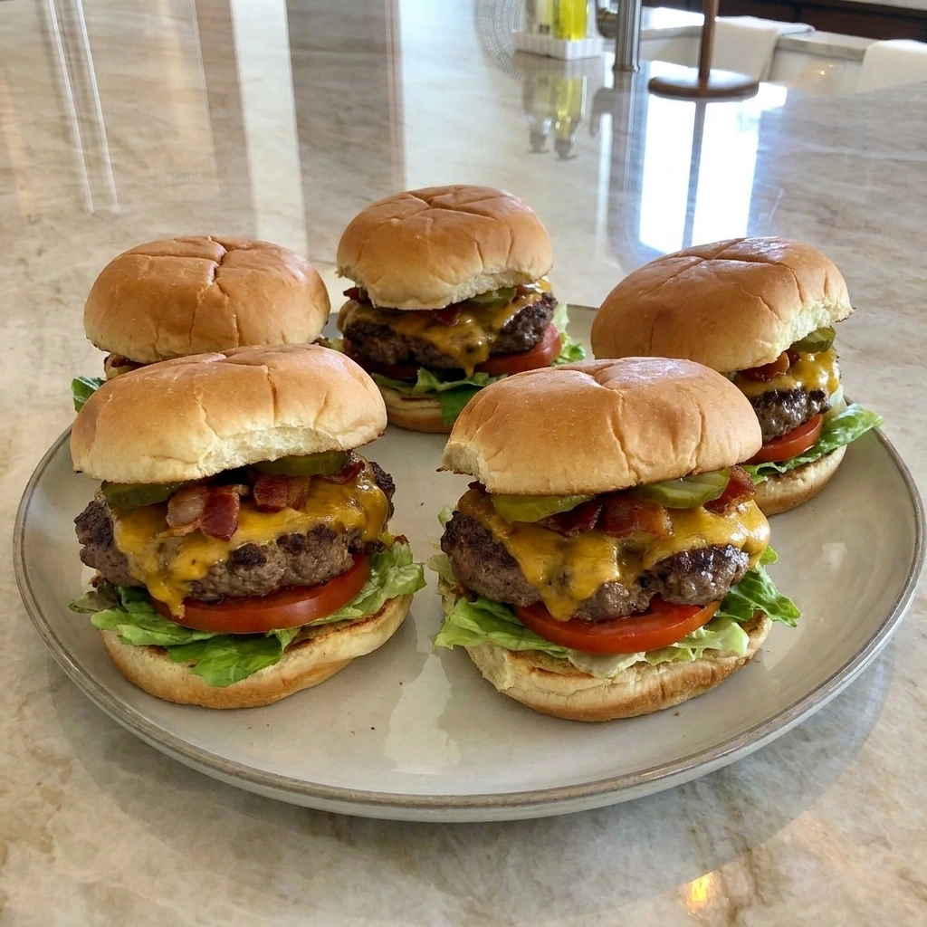 Four homemade Crack Burgers with bacon and cheddar and ranch seasoning