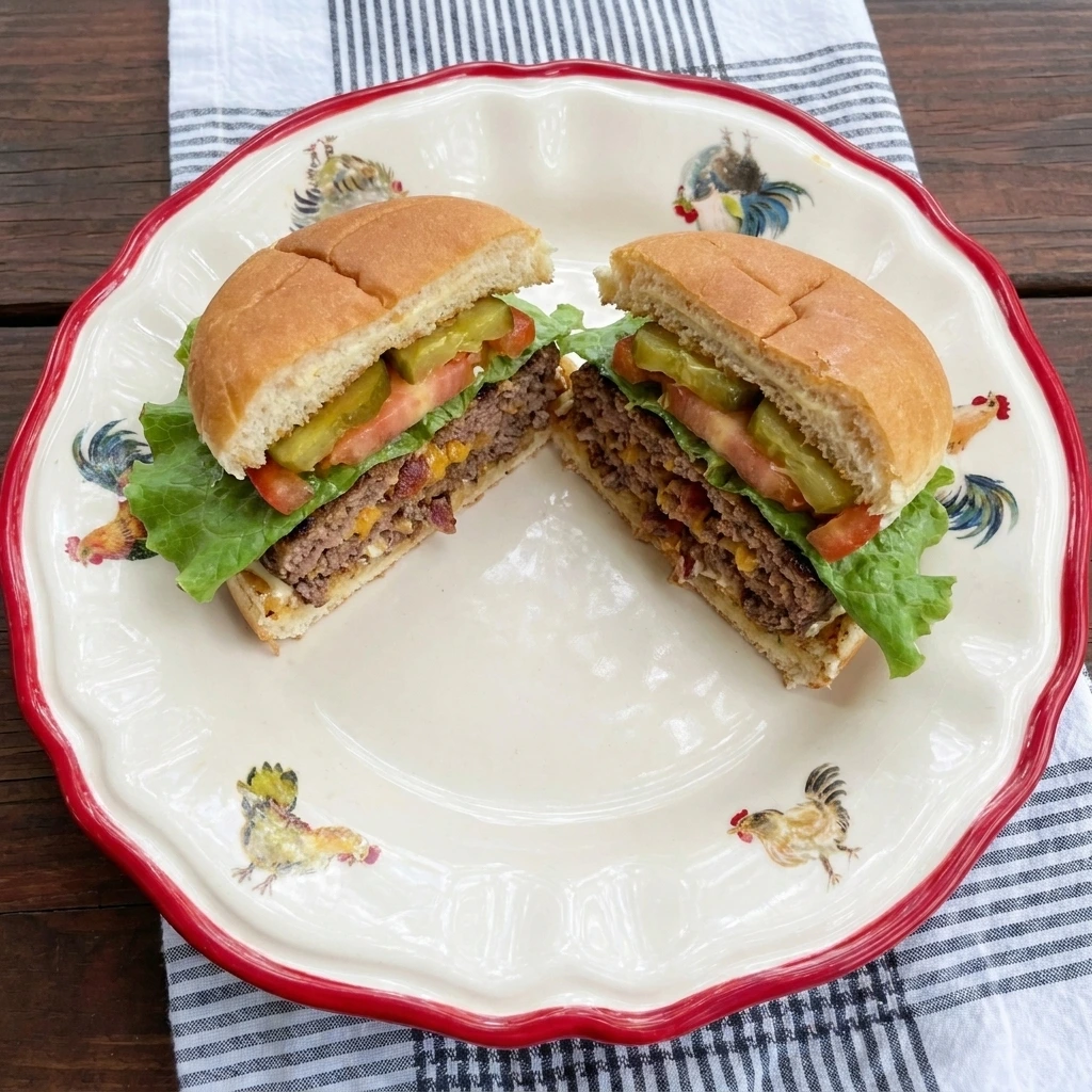 One Crack Burger cut open showing juicy beef and melted cheddar and bacon
