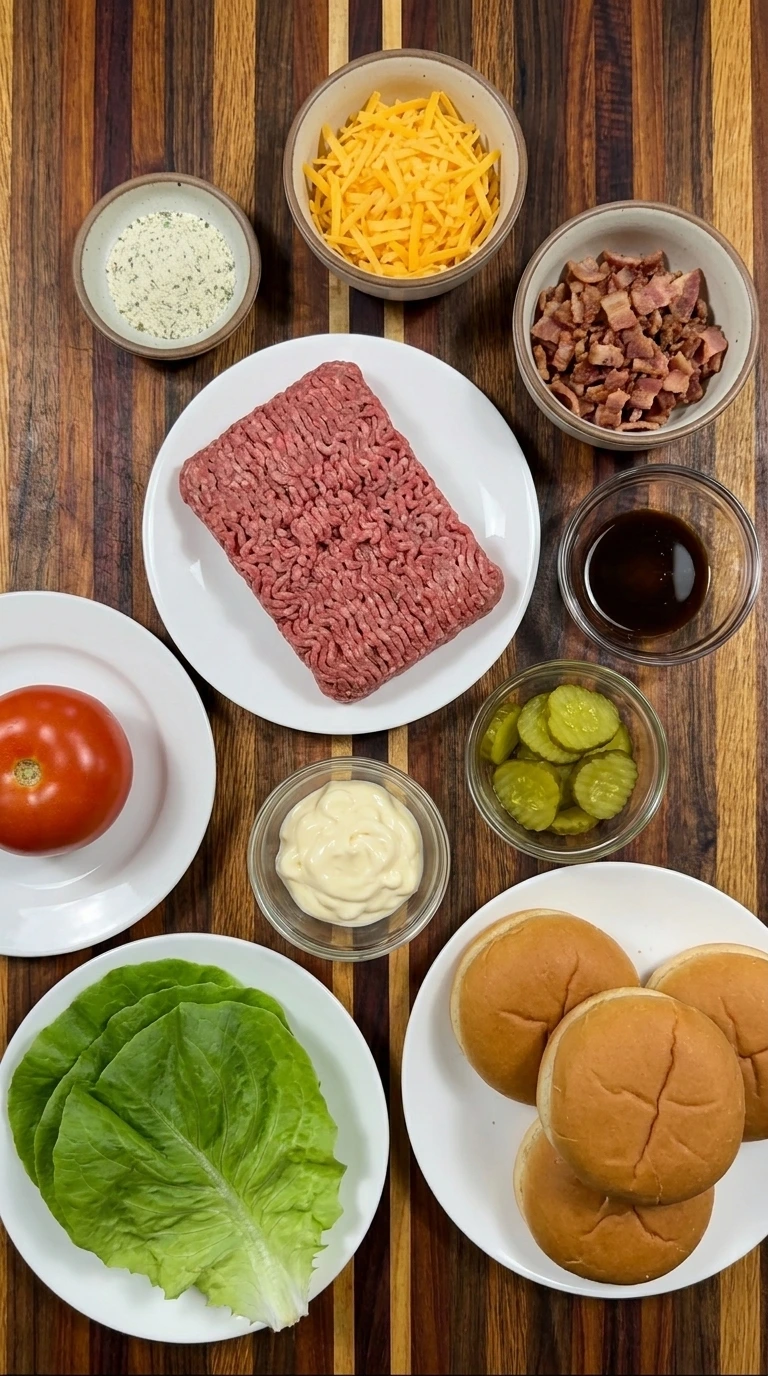 Ingredients for Crack Burgers arranged separately before preparation