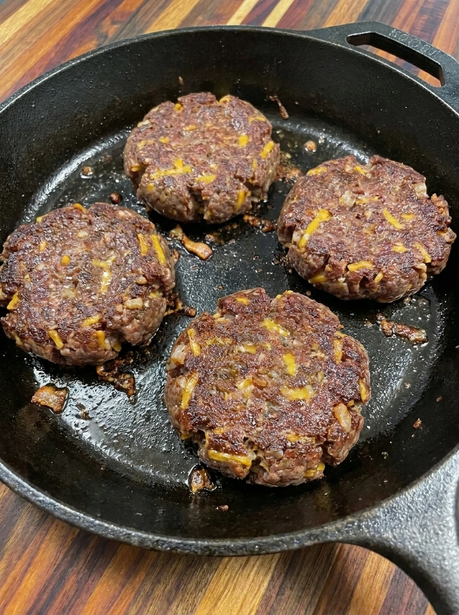 Four browned Crack Burger patties cooking with melted cheddar and bacon