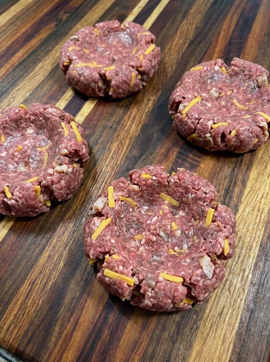 Four raw Crack Burger patties shaped with visible cheddar and bacon