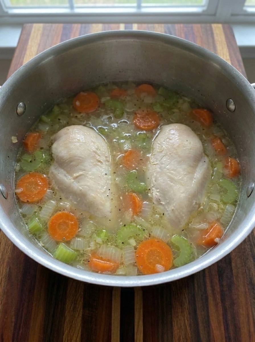 Two chicken breasts simmering with vegetables in seasoned broth