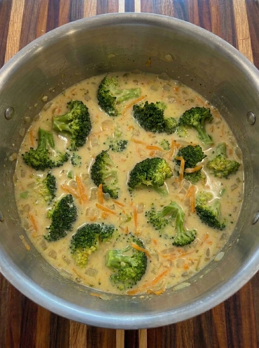 Tender broccoli simmering in Creamy Broccoli Cheddar Soup