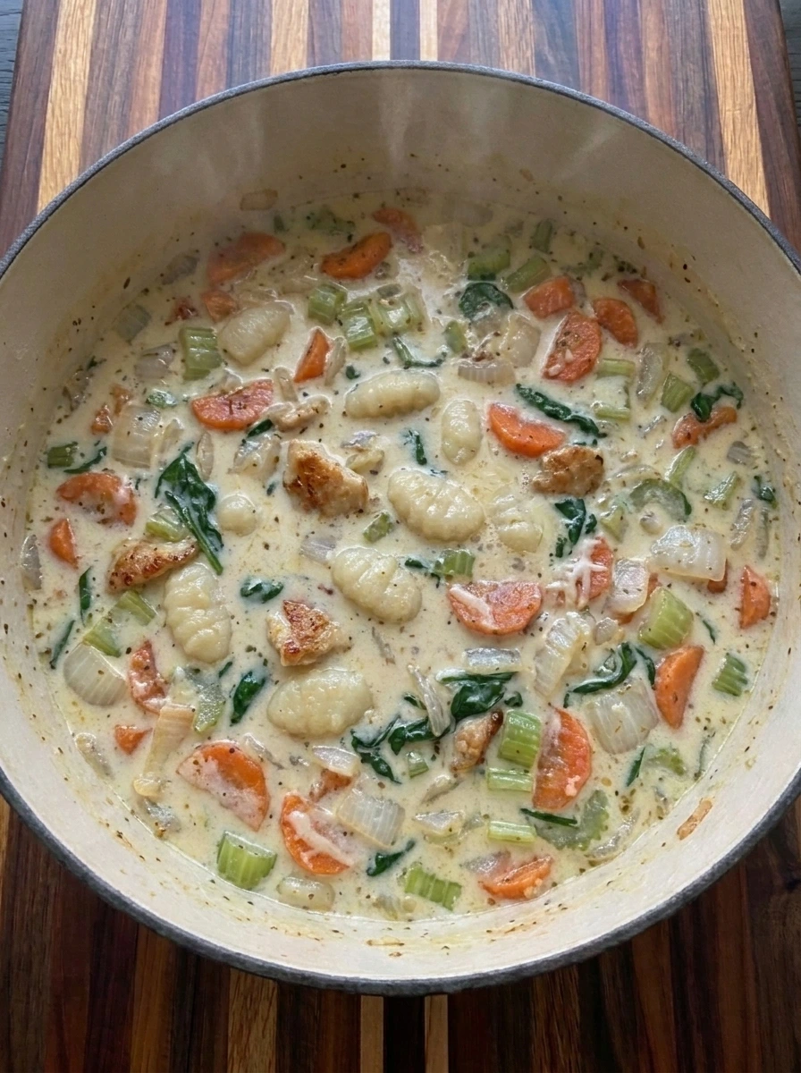 Cream chicken and spinach folded into Creamy Chicken Gnocchi Soup