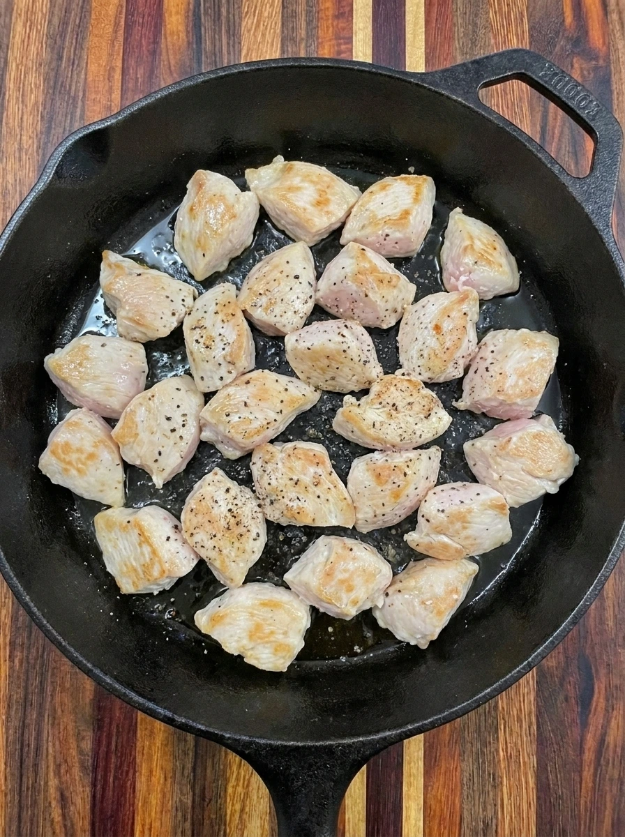 Lightly browned chicken pieces for Creamy Chicken Gnocchi Soup
