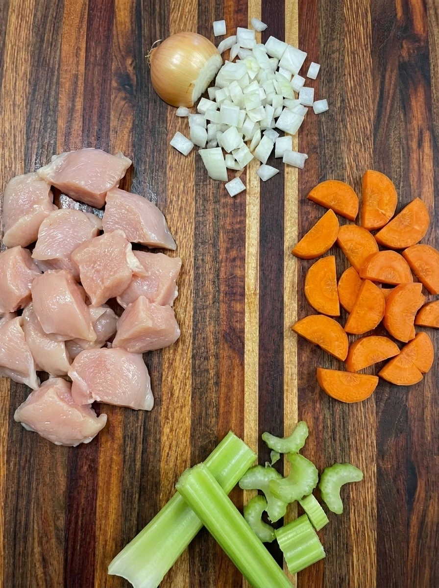 Cut chicken onion carrots and celery for Creamy Chicken Gnocchi Soup