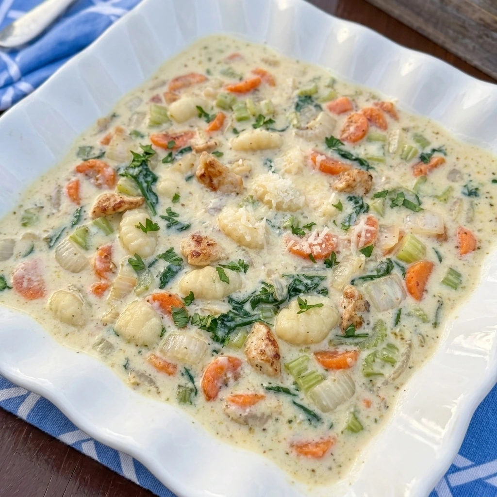 Creamy Chicken Gnocchi Soup with chicken spinach carrots and Parmesan
