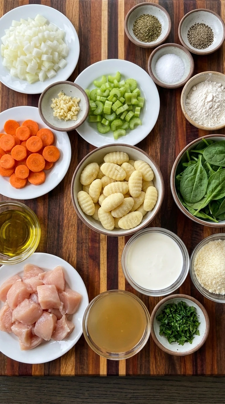Ingredients for Creamy Chicken Gnocchi Soup in separate small containers
