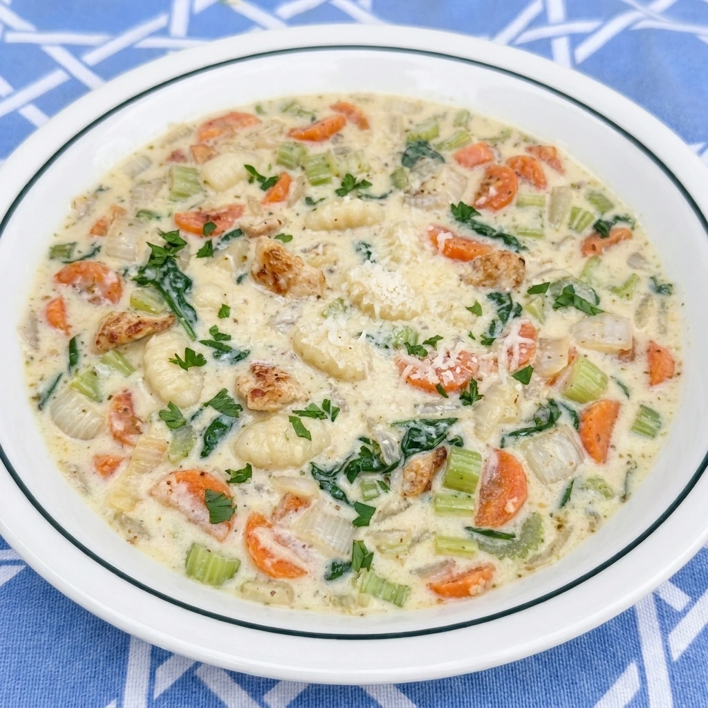 Single bowl of finished Creamy Chicken Gnocchi Soup