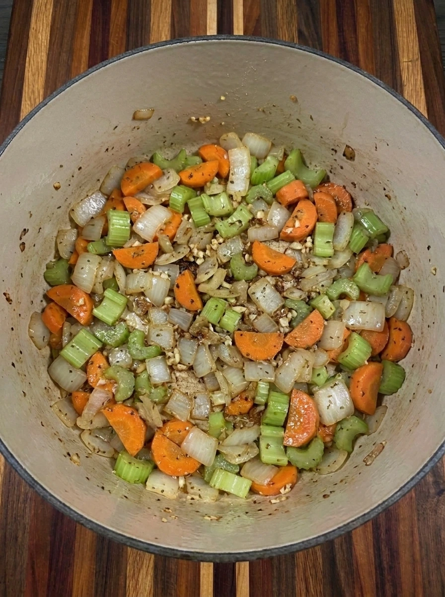 Softened vegetables coated with flour for Creamy Chicken Gnocchi Soup