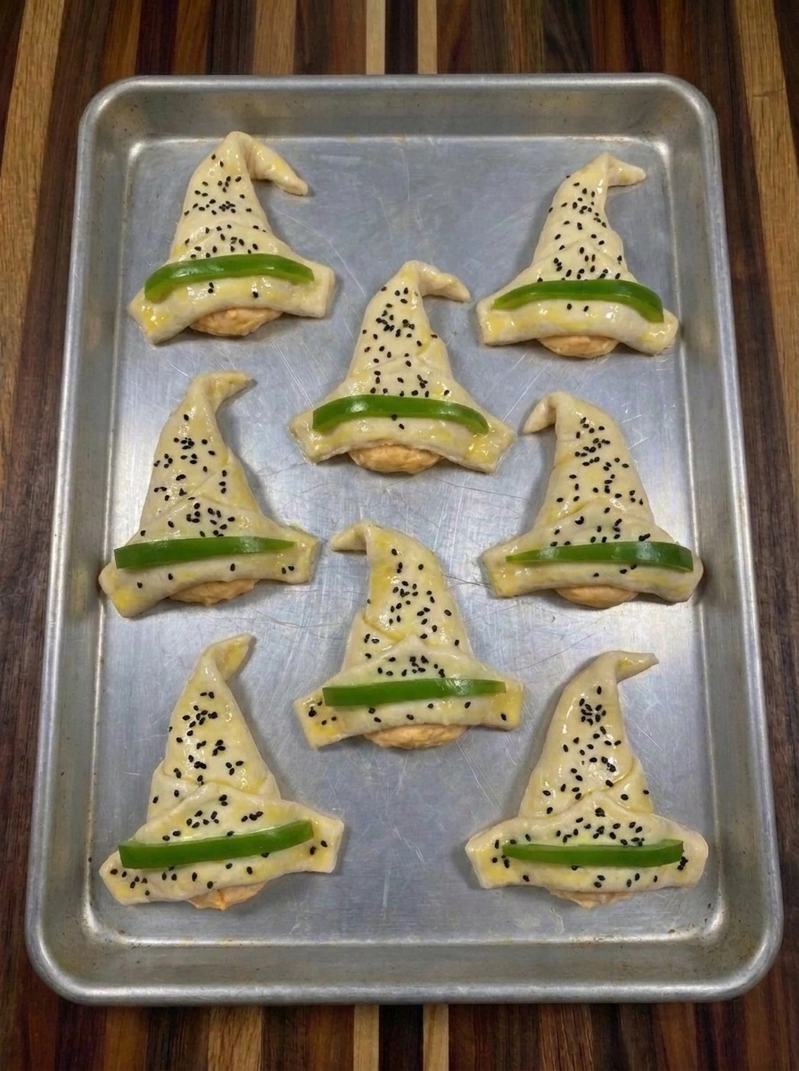 Egg washed Crescent Roll Witch Hats sprinkled with black sesame seeds