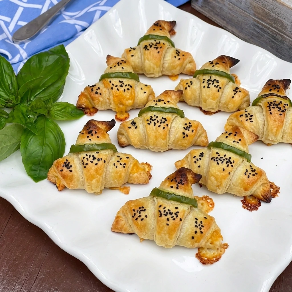 Golden Crescent Roll Witch Hats with cheese filling and green pepper bands