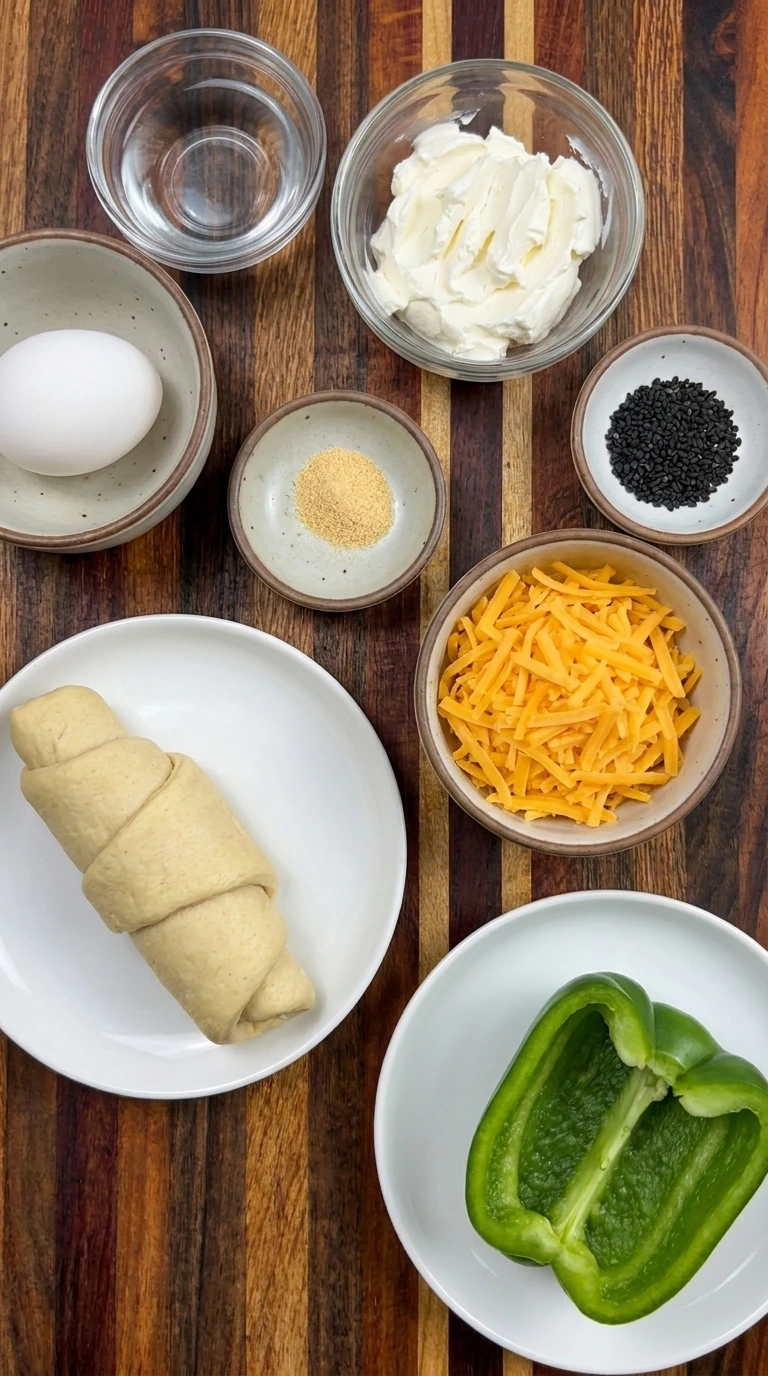 Ingredients for Crescent Roll Witch Hats in separate small containers