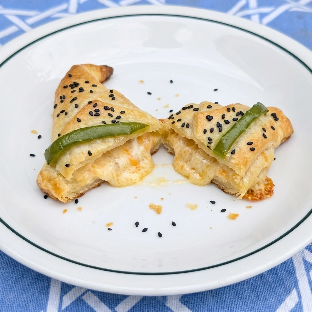 One Crescent Roll Witch Hat cut open to reveal creamy cheese filling