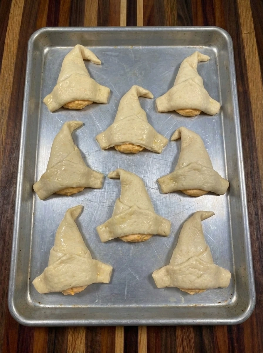 Eight filled crescent dough triangles shaped into witch hats