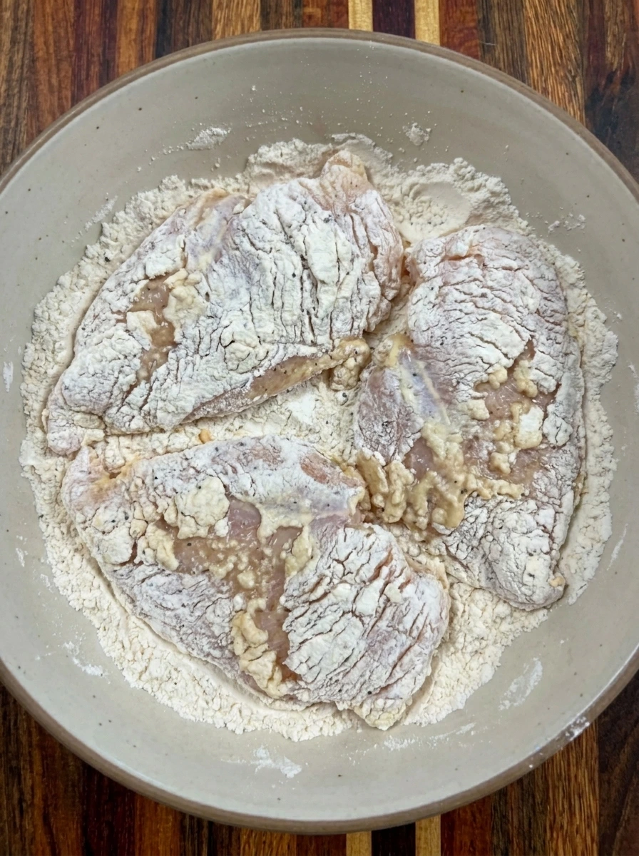 Four chicken cutlets covered with rough seasoned flour coating