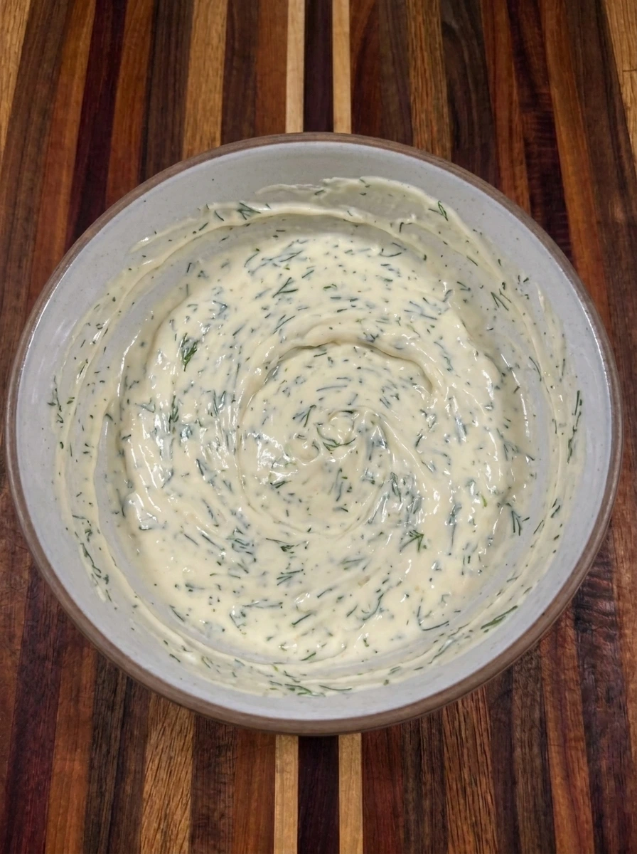 Creamy dill sauce mixed for crispy chicken sandwiches