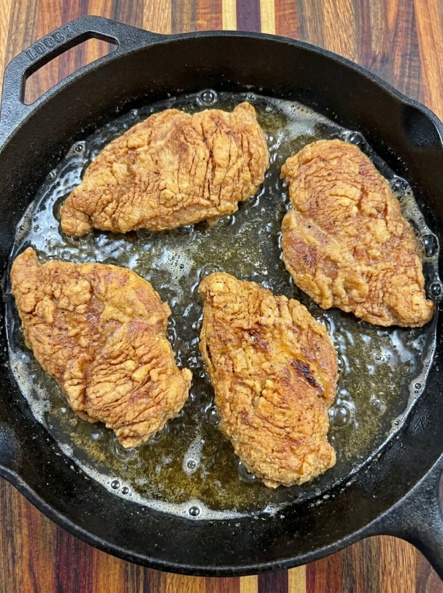 Four crispy golden chicken cutlets frying until browned