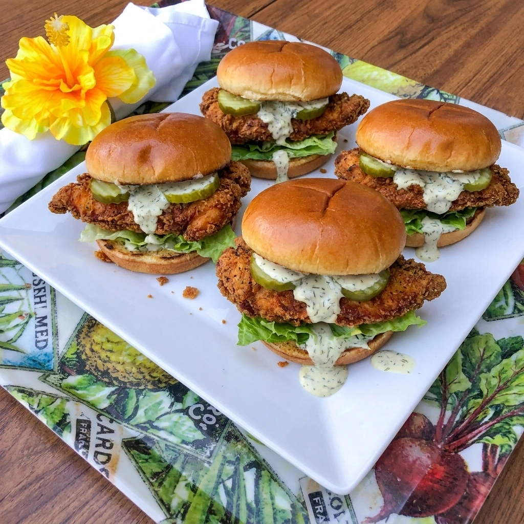 Four homemade Crispy Dill Chicken Sandwiches with golden chicken and pickles