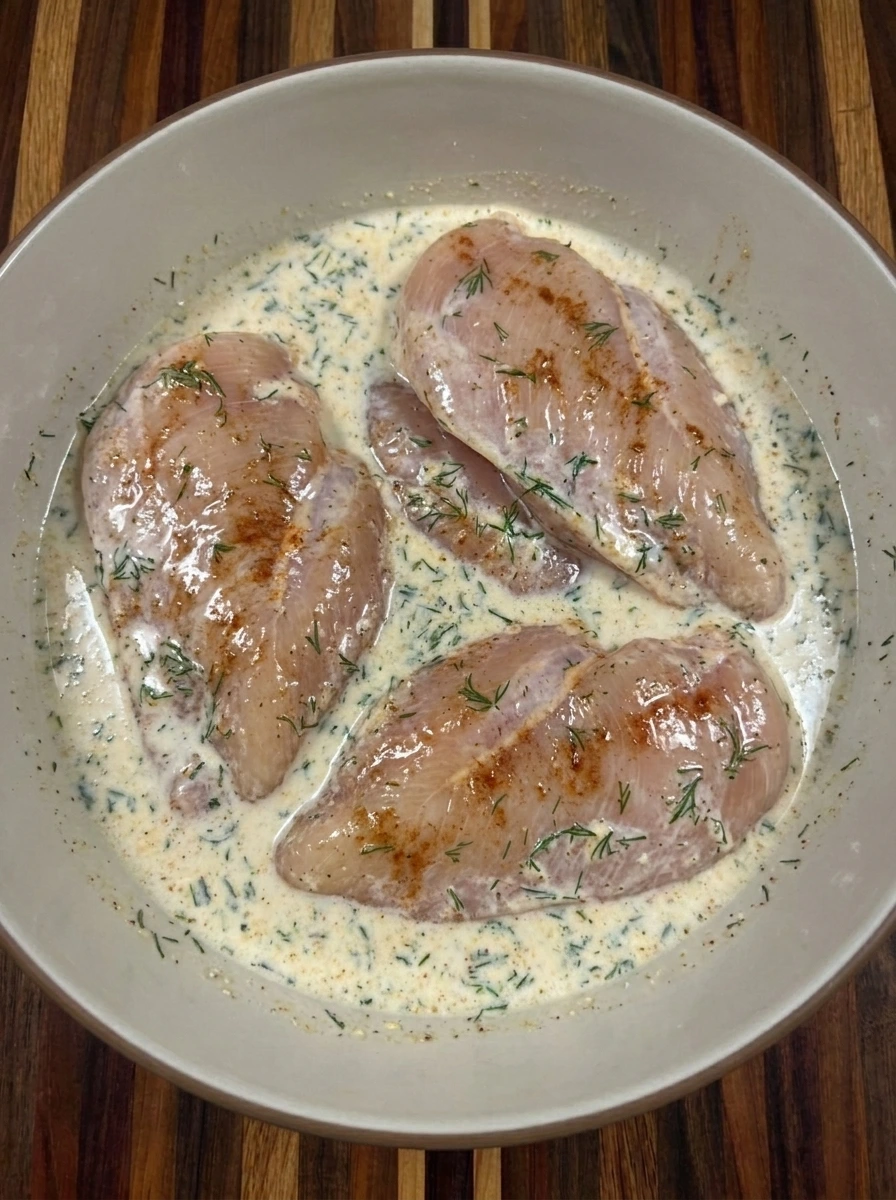 Four chicken cutlets marinating in dill pickle buttermilk