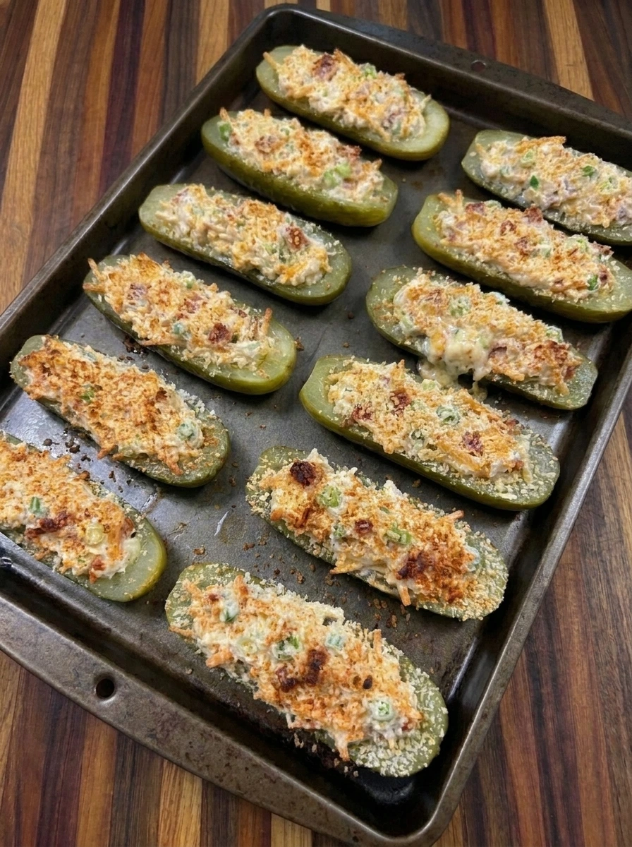 Golden baked Crispy Pickle Poppers with melted cheese filling