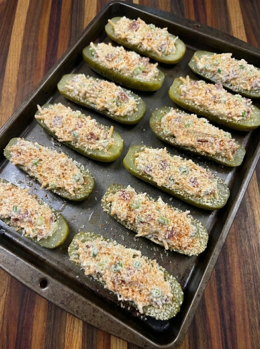 Breaded Crispy Pickle Poppers arranged on a baking tray