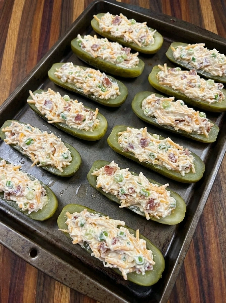 Twelve pickle boats filled with bacon cheddar cream cheese