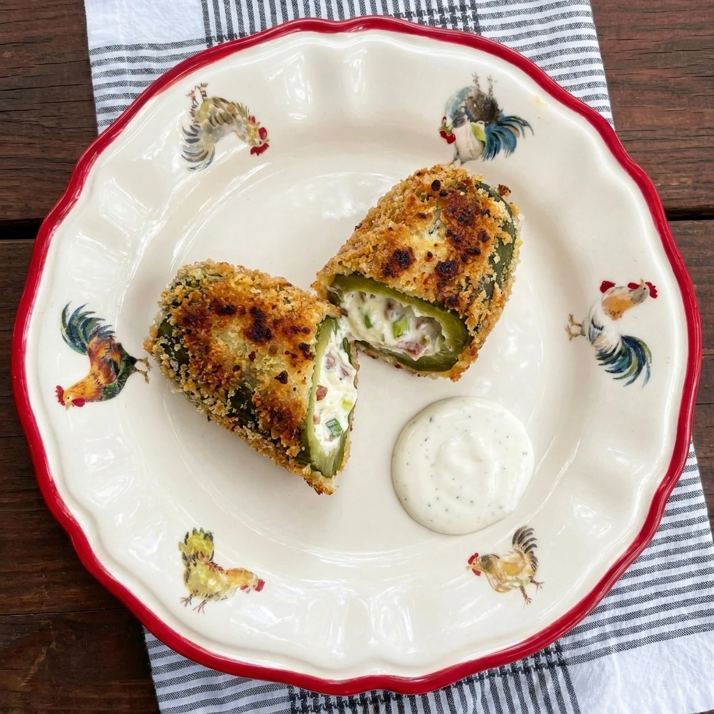 Cut Crispy Pickle Popper showing creamy bacon cheddar filling