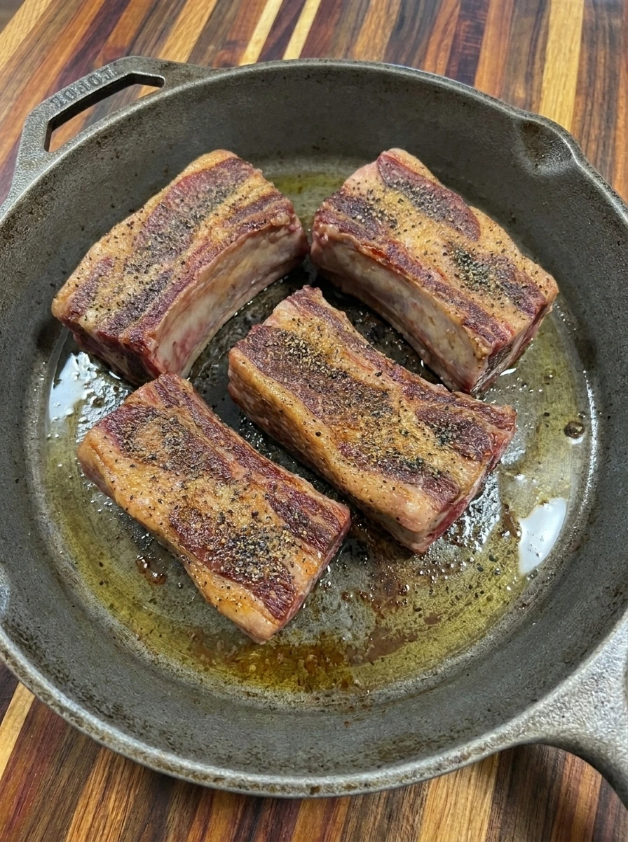 Four beef short ribs browned in a skillet