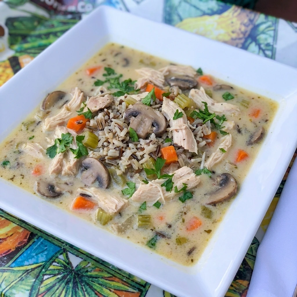 Creamy Crockpot Chicken and Wild Rice Soup with tender chicken vegetables and wild rice