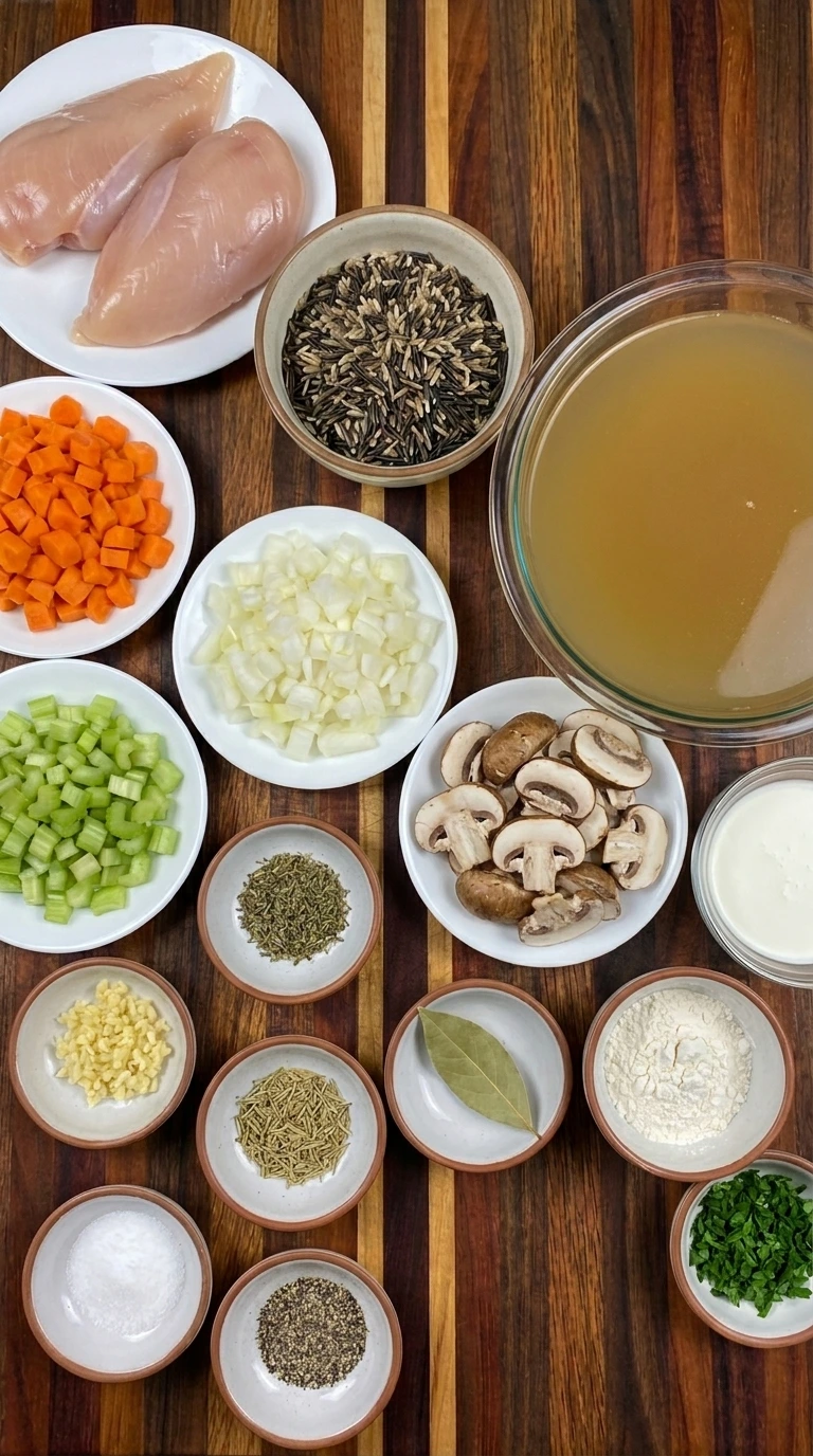 Ingredients for Crockpot Chicken and Wild Rice Soup arranged in separate small containers
