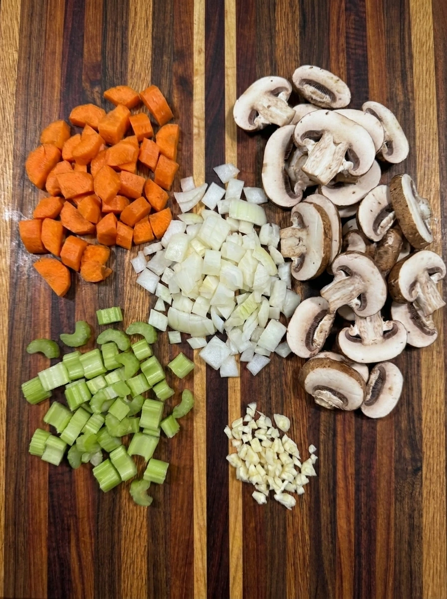 Diced vegetables and sliced mushrooms for Crockpot Chicken and Wild Rice Soup