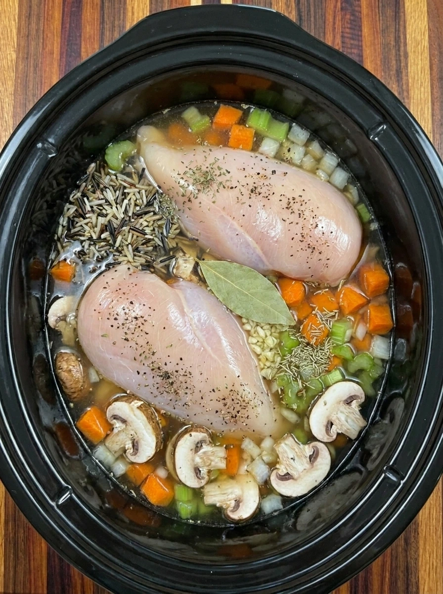 Raw chicken wild rice vegetables and broth combined in a slow cooker