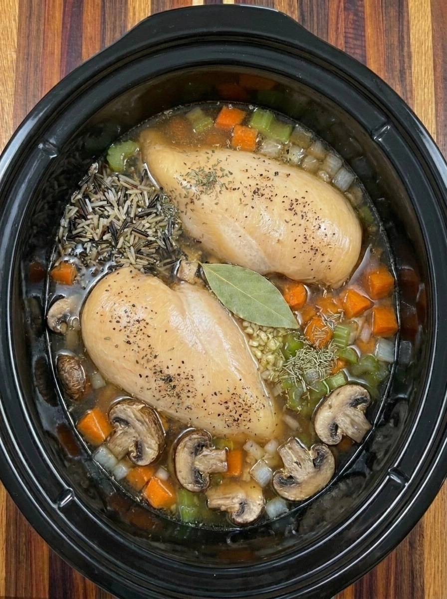Tender cooked chicken and wild rice soup in a slow cooker