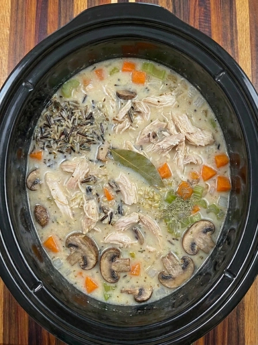 Shredded chicken and creamy wild rice soup thickening in the slow cooker