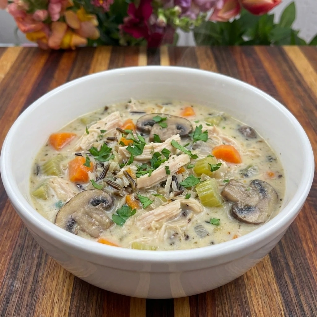 Single bowl of Crockpot Chicken and Wild Rice Soup with parsley