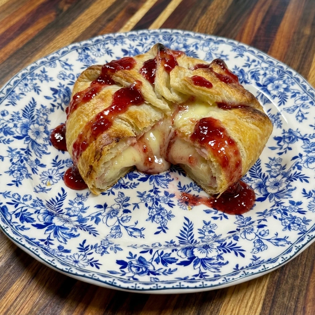 Single serving of Halloween Bloody Baked Brie showing melted cheese inside