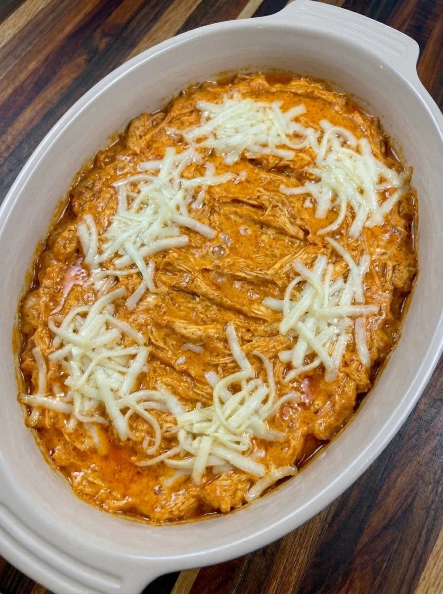Baked Halloween Boo-ffalo Chicken Dip with bubbling cheese