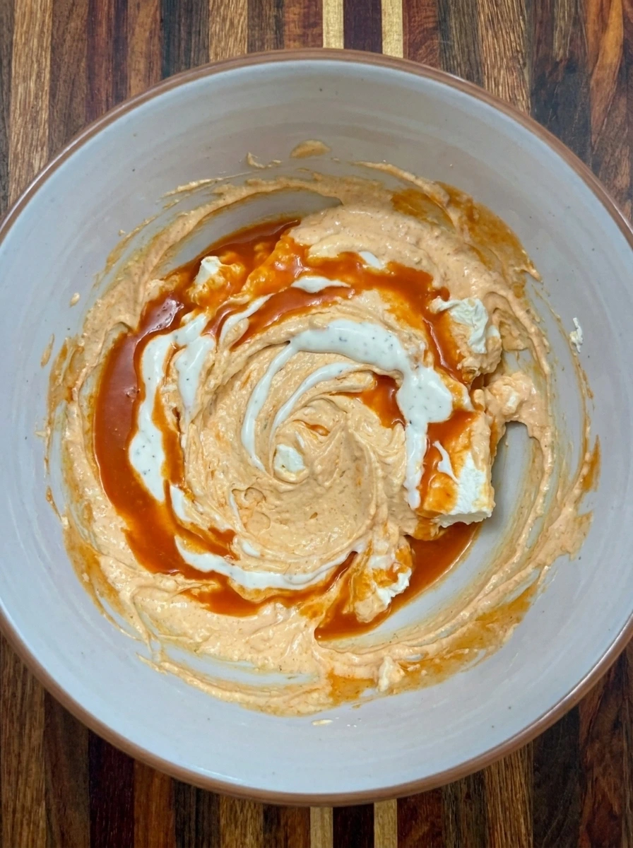 Cream cheese blended with buffalo sauce and ranch for Halloween Boo-ffalo Chicken Dip