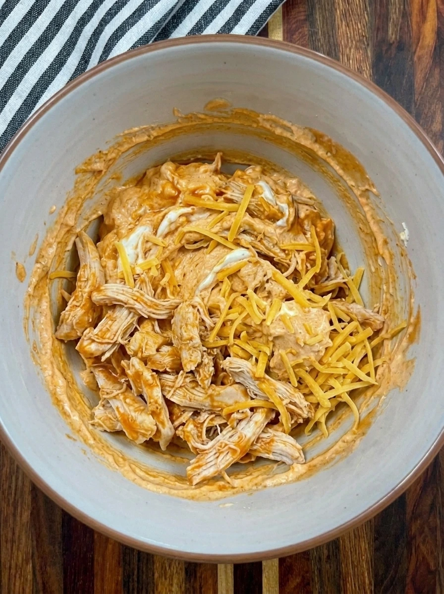 Shredded chicken and cheddar folded into creamy buffalo dip